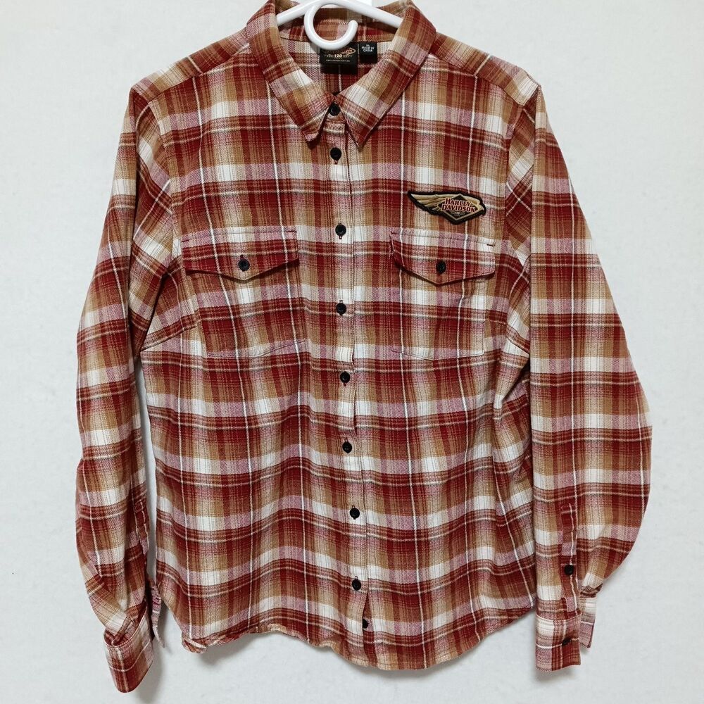 Harley Davidson 120 Years Flannel Shirt Women's XL Red Plaid Button Up Biker